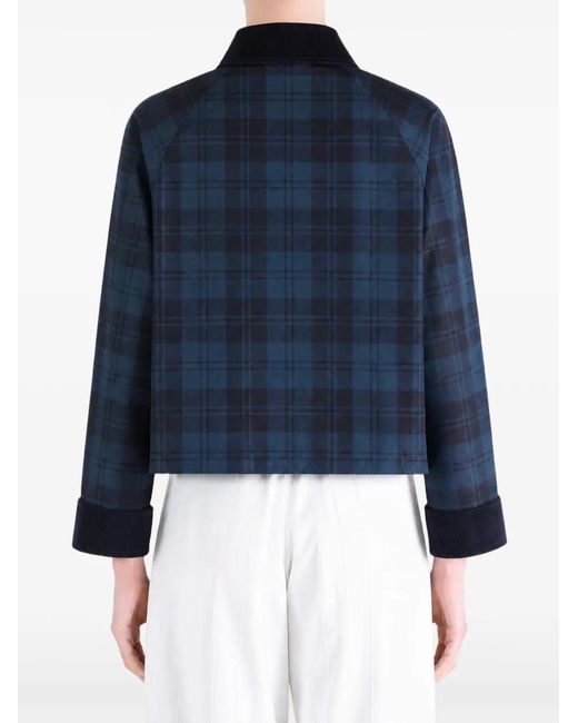 Barbour Blue Baiton Check-Pattern Corduroy-Collar Jacket