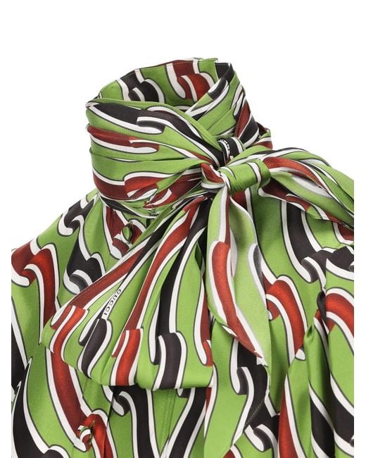 Gucci Green Bow-Neck Patterned Silk Midi Dress