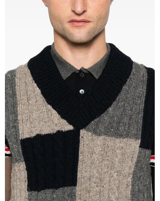 Thom Browne Black Patchwork Cable-Knit Vest for men