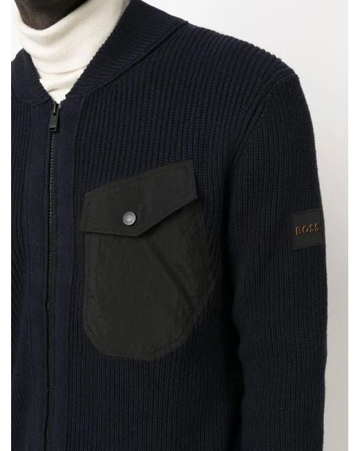 Boss Blue Zipped-Up Knit Cardigan for men