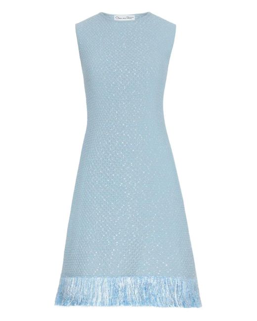 Oscar de la Renta Blue Sequinned Tweed Fringe Dress