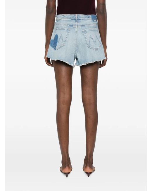 Mother Blue Heart-Patch Raw-Cut Shorts