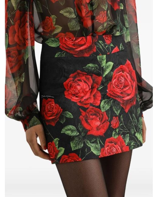 Dolce & Gabbana Red Rose-Print Brocade Skirt