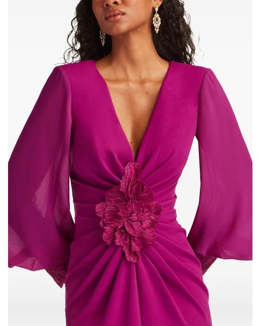 Tadashi Shoji Pink Floral Appliqué V-Neck Dress
