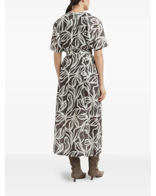 Brunello Cucinelli Gray Floral-Print Monili-Detail Maxi Dress