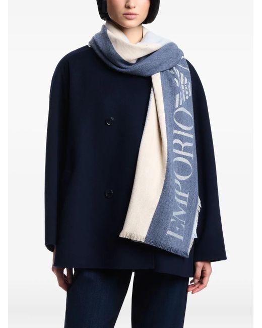 Emporio Armani Blue Logo-Embellished Striped Scarf for men