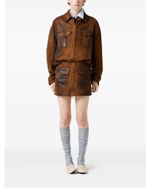 Miu Miu Brown Embossed-Logo Leather Jacket
