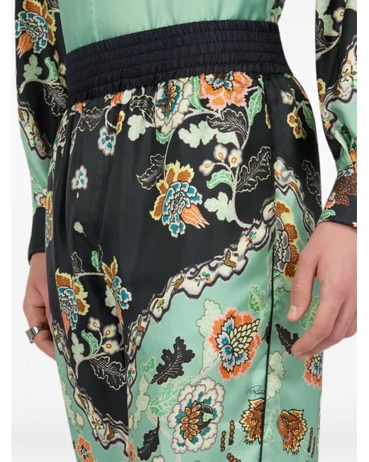Roberto Cavalli Green Floral-Print Wide-Leg Trousers for men