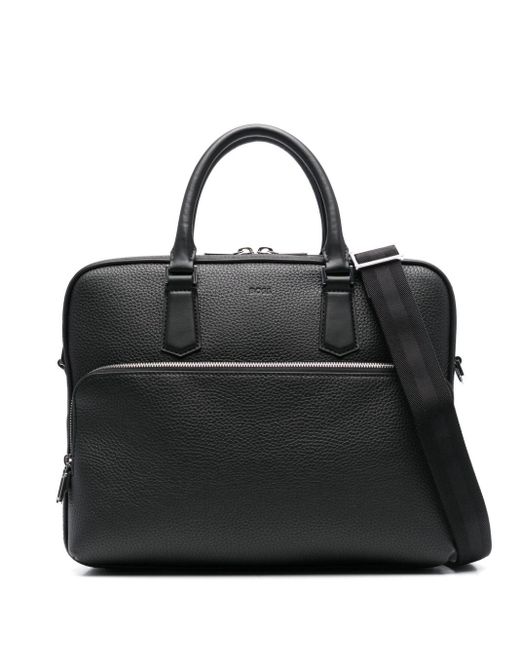 Boss Black Logo-Deed Leather Laptop Bag for men