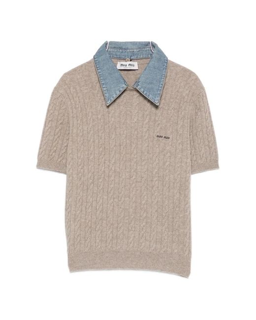 Miu Miu White Cable-Knit Short-Sleeve Sweater