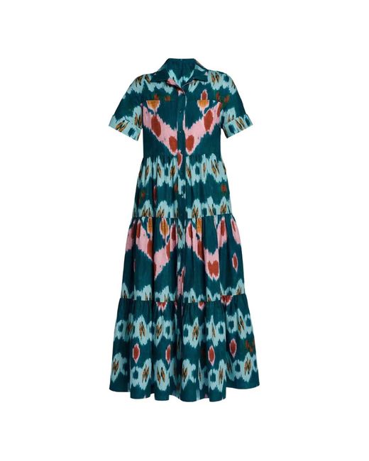 Erdem Blue Ikat-Print Tiered Shirt Maxi Dress