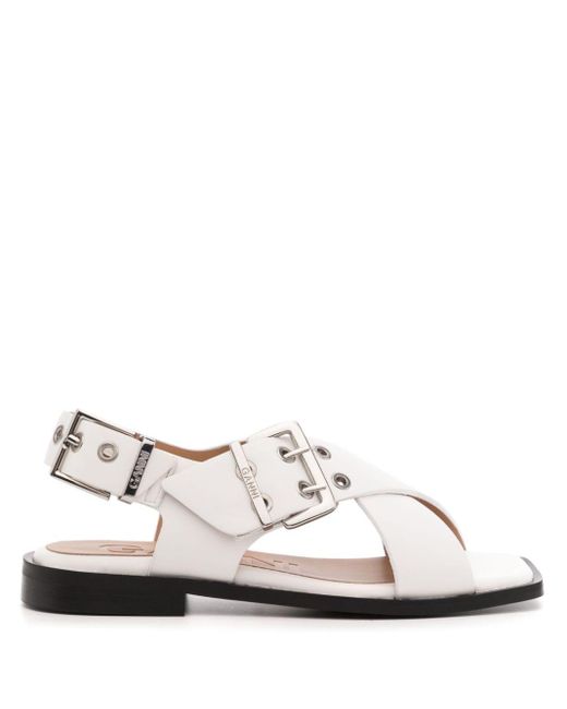 Ganni Buckle-fastening Crossover Sandals in het White