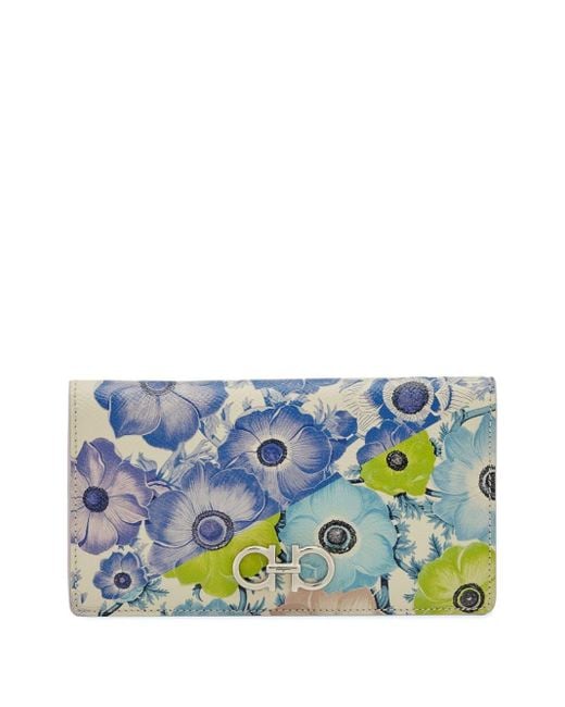 Ferragamo Blue Gancini Floral-print Wallet