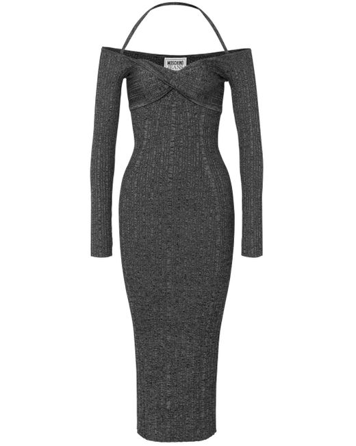 Moschino Black Off-Shoulder Ribbed Midi Dress