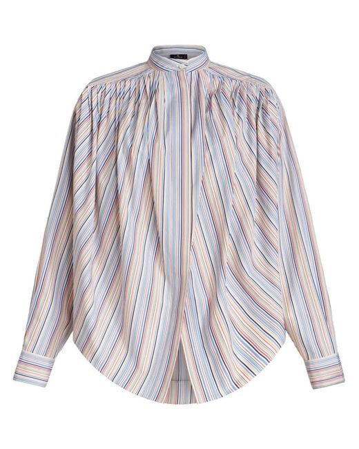 Etro Blue Striped Gathered Cotton Blouse