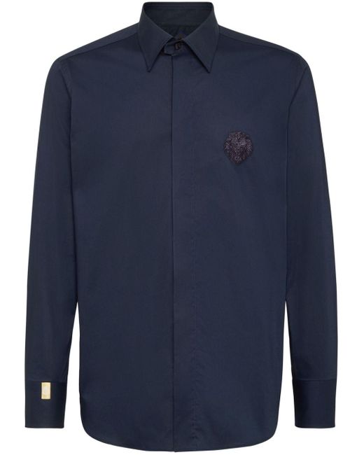 Billionaire Blue Logo-embroidered Poplin Shirt for men
