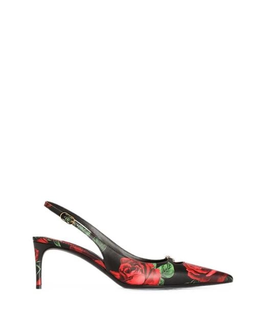 Dolce & Gabbana Black Rose-Print Calfskin Slingback Pumps