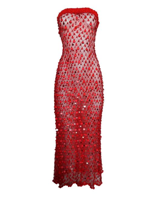 Roberta Einer Red Sequin-Embellished Midi Dress