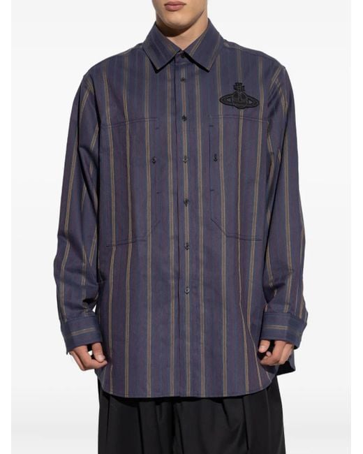 Vivienne Westwood Blue Orb-embellishment Stripe-pattern Shirt for men
