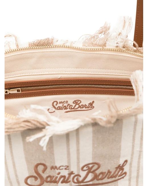 Mc2 Saint Barth White City Striped Fringed Tote Bag
