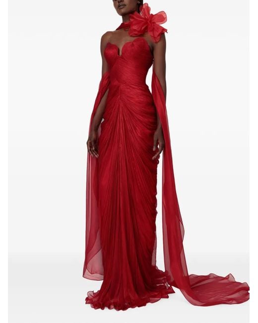 IRIS SERBAN Red Ruched Floral-Detail Maxi Dress