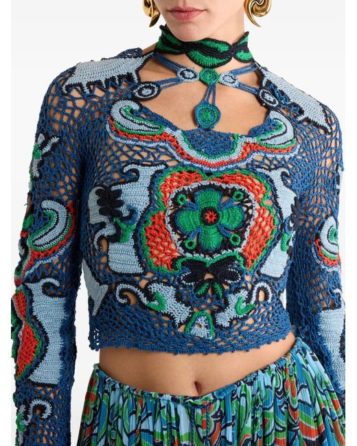 Etro Blue Cropped Cotton Sweater With Crochet-Effect Floral Motif