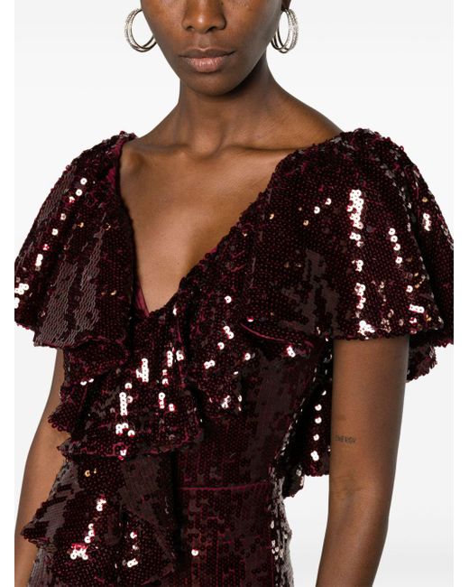 ROTATE BIRGER CHRISTENSEN Red Ruffled-Detailing Sequined Jumpsuit