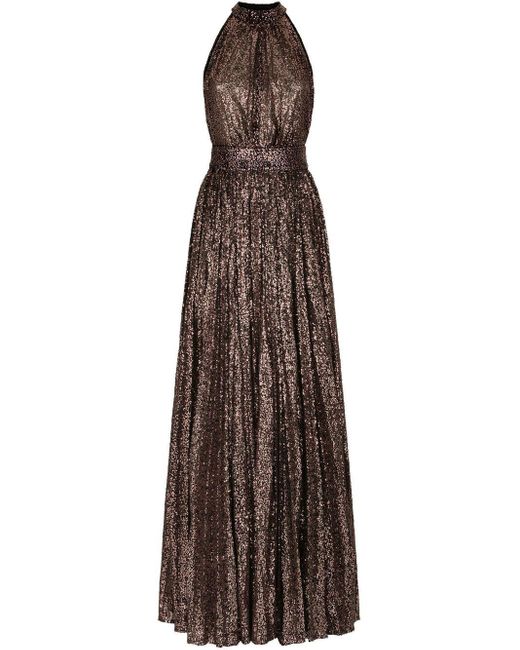 Dolce & Gabbana Silk Sequinned Halter-neck Gown in Brown | Lyst