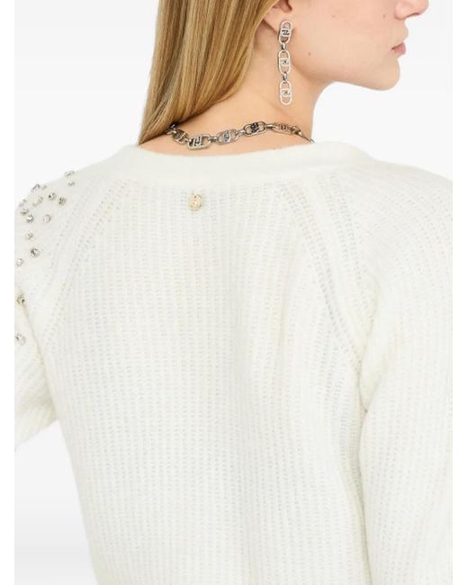Liu Jo White Textured Sweater With Deep V-Neckline And Embellished Shoulder