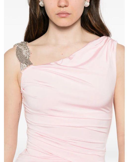 Amen Pink Robe Longue Asymétrique À Fronces Et Cristaux