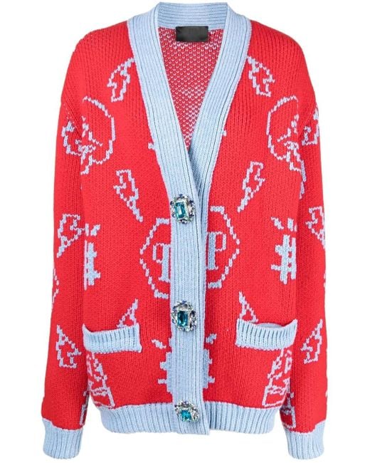 Philipp Plein Red Jacquard Logo Cardigan