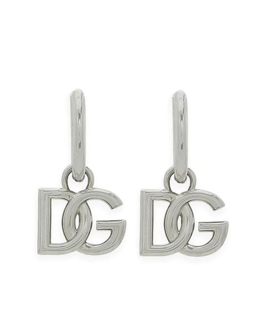 Dolce & Gabbana White Logo-Charm Hoop Earrings
