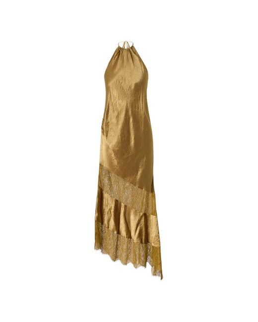 Pinko Metallic Asymmetric Satin Midi Dress With Lace