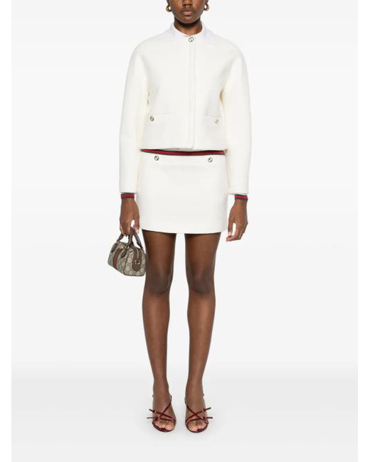 Gucci White Collarless Cropped Jacket With Gg Logo Button