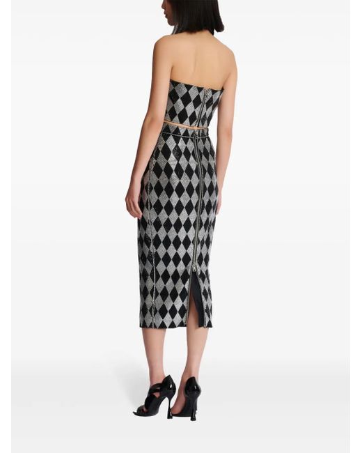 Balmain Gray Diamond-Print Rhinestone Crop Top