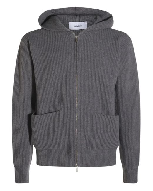 Lardini Gray Ribbed Zip-Up Knitted Hoodie for men