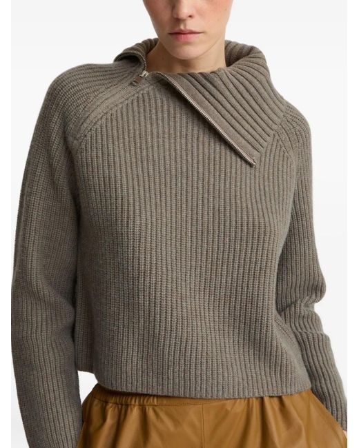 Yves Salomon Brown Zip-Neck Ribbed Sweater