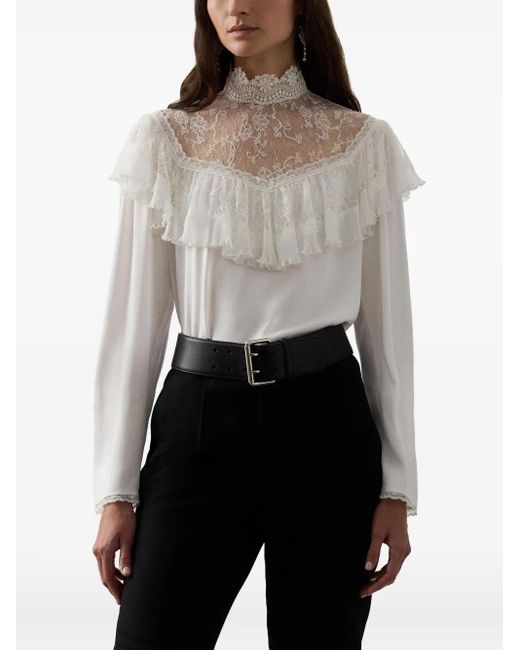 Ralph Lauren White Lace-Insert Ruffled Blouse