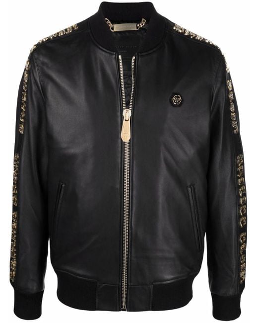 Philipp Plein Black Logo-embellished Leather Bomber Jacket for men