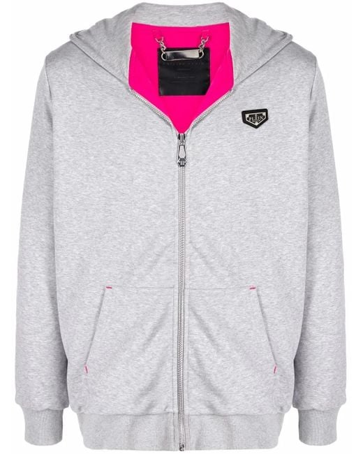 Philipp Plein Gray Logo-Patch Zip-Up Hoodie for men