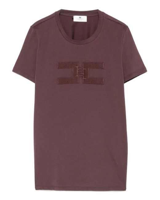 Elisabetta Franchi Purple Bordeaux Cotton T-Shirt With Textured Logo Detail