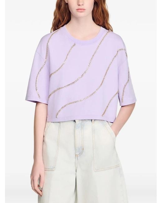Sandro Purple Rhinestone Cropped T-Shirt