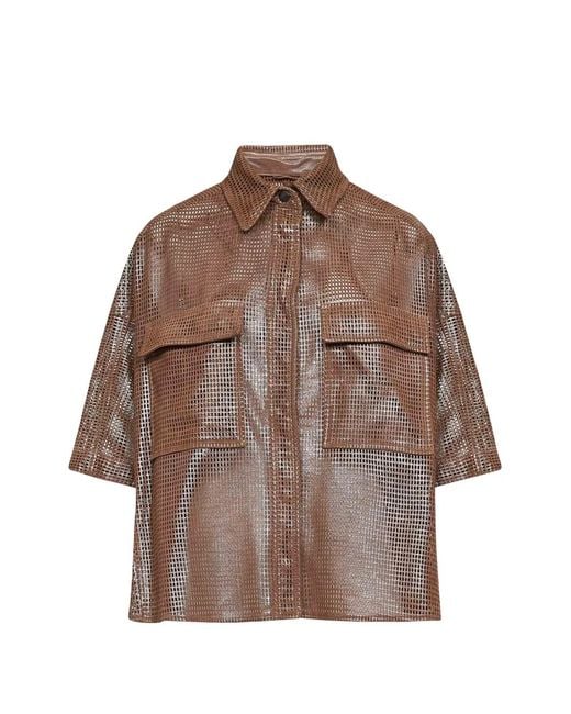 Brunello Cucinelli Brown Chemise En Cuir À Effet Métallisé