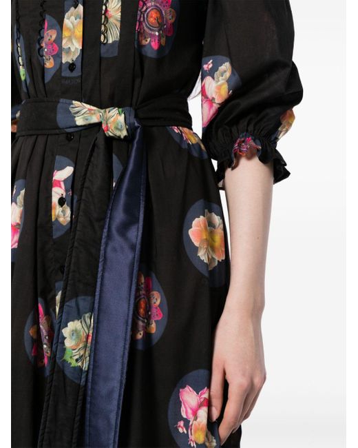 Cynthia Rowley Black Floral-print Puff-sleeve Midi Dress
