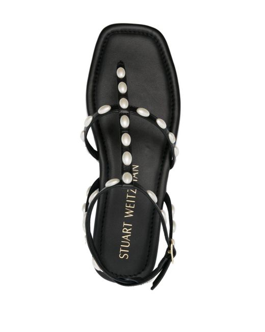 Stuart Weitzman Black Pearlita Leather Flat Sandals