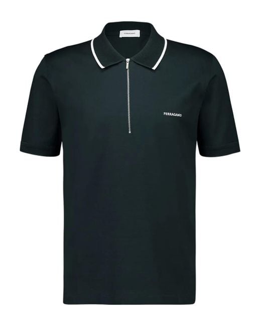 Ferragamo Black Zip-Neck Piqué Polo Shirt for men