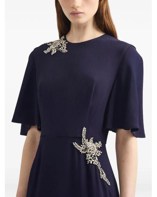 Erdem Blue Embellished Flutter-Sleeves Midi Dress