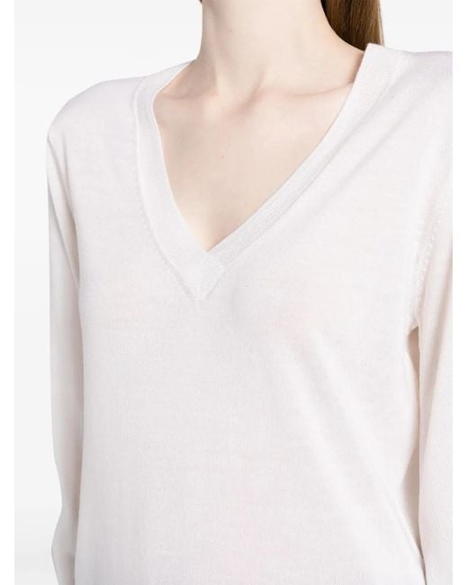 P.A.R.O.S.H. White V-Neck Fine-Knit Jumper