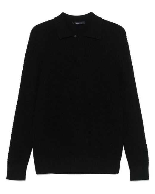Tagliatore Black Ribbed-Knit Wool Polo Shirt for men