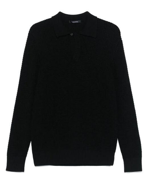 Tagliatore Black Ribbed-Knit Wool Polo Shirt for men